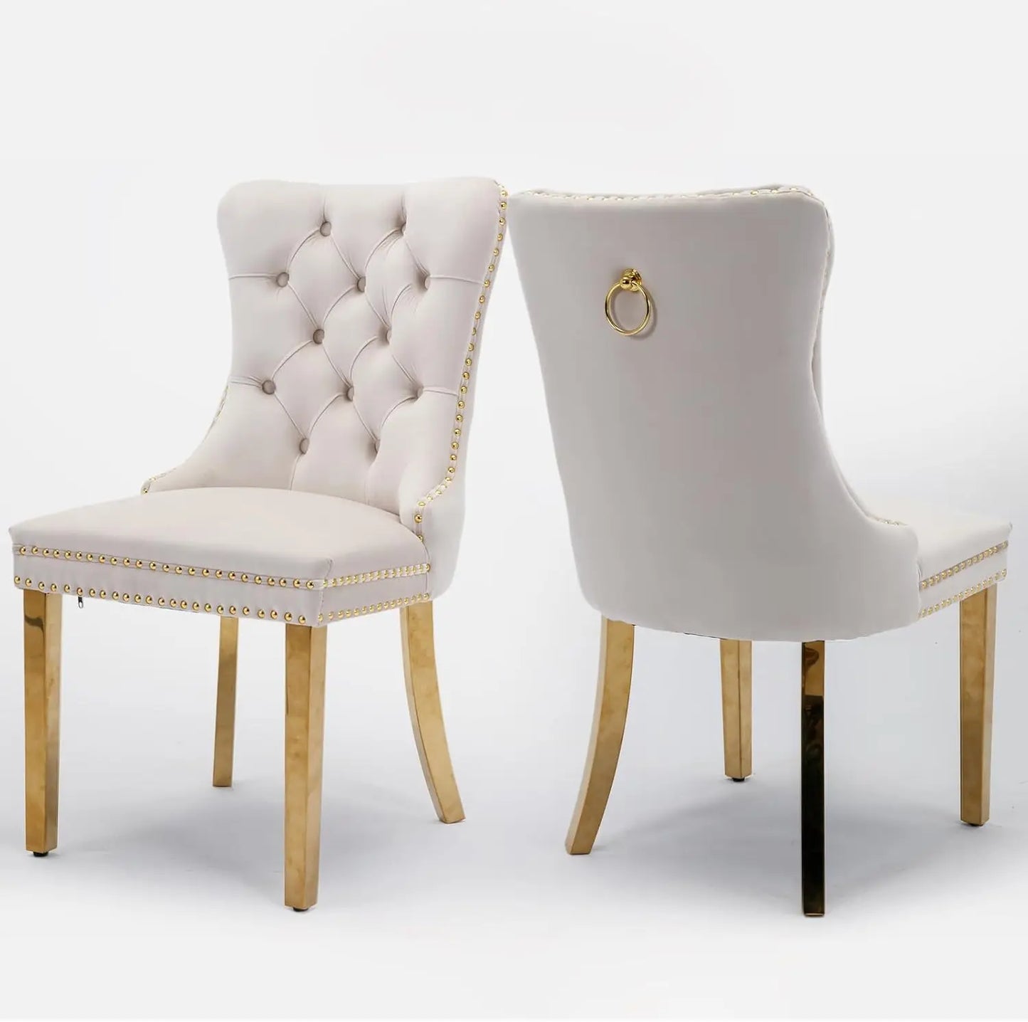 Velvet Upholstered Dining Chairs Set of 6, Nailhead Trim and Gold Plated Leg, Metal Pulling Ring, Modern Style Kitchen Chairs