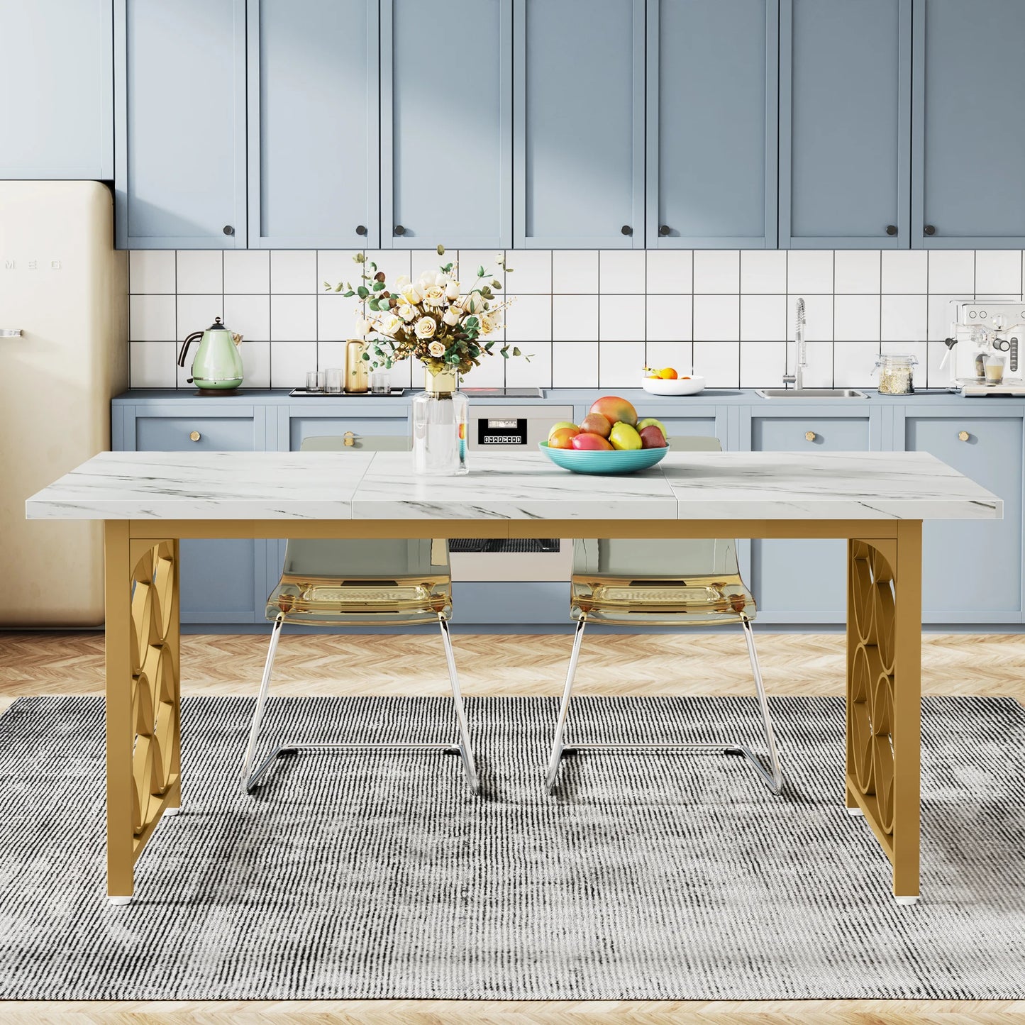 Tribesigns Dining Table, 63-inch Modern Marble Dining Room Table for 6 People, Rectangular Kitchen Table with Gold Metal Frame