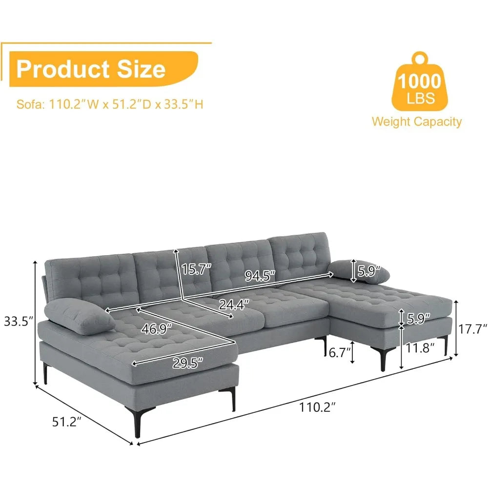 Sectional Sofa 110"U-Shape Sofa Couch Linen Fabric Upholstered Sectional Sofa with Double Chaises & Metal Legs,Lattice Decorated