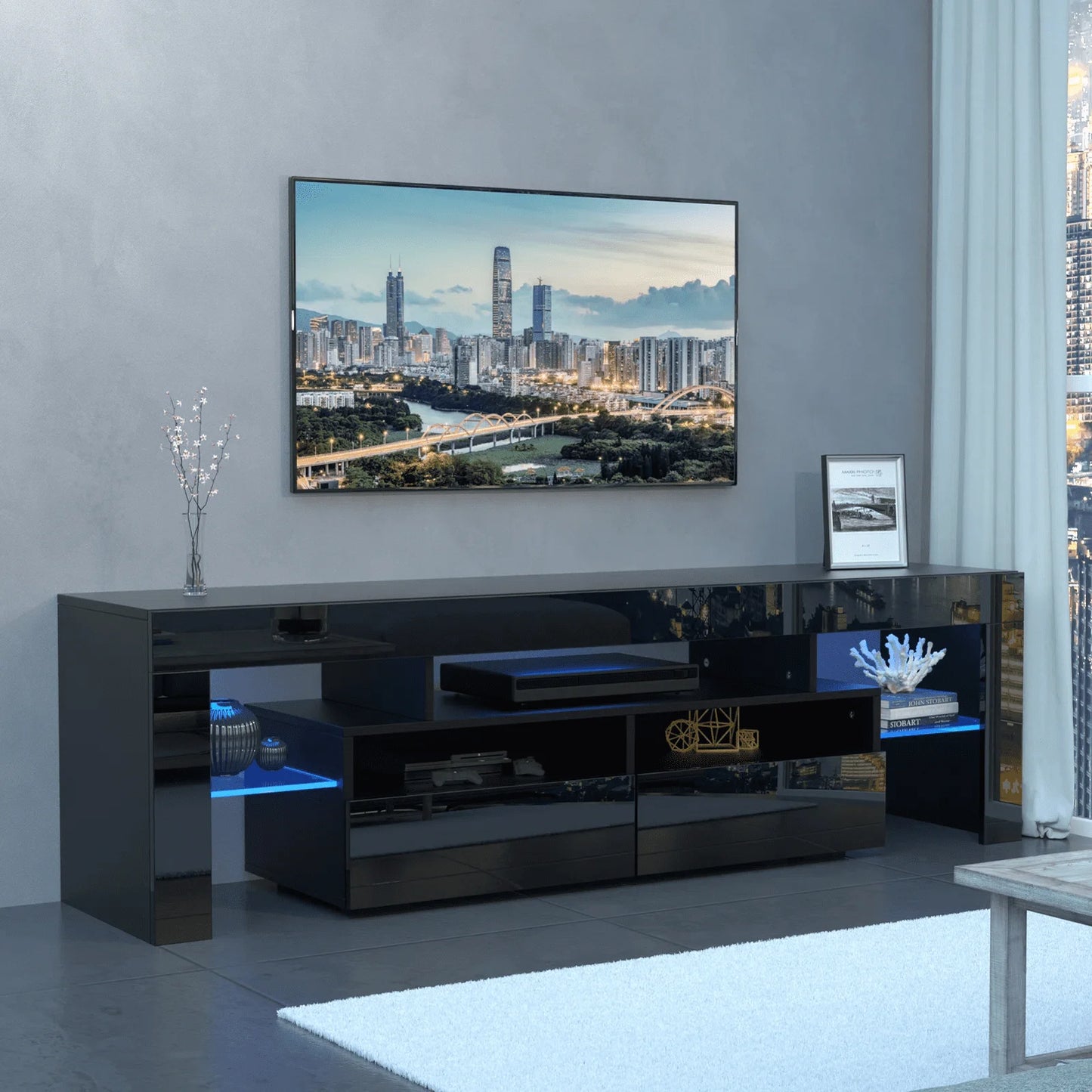 LED Light TV Stand for 55/60/65 inch TV, Modern Gloss Entertainment Center with Drawer and Glass Open Shelf, TV Console Table