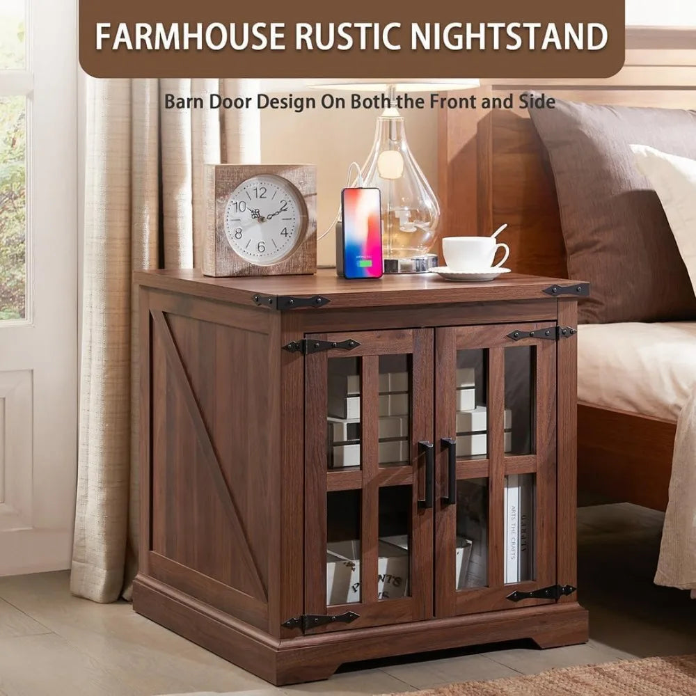 Farmhouse End Table with Charging Station,24" Large Sofa Side Table with Glass Barn Door, Rustic Wood Nightstand Bedside Table
