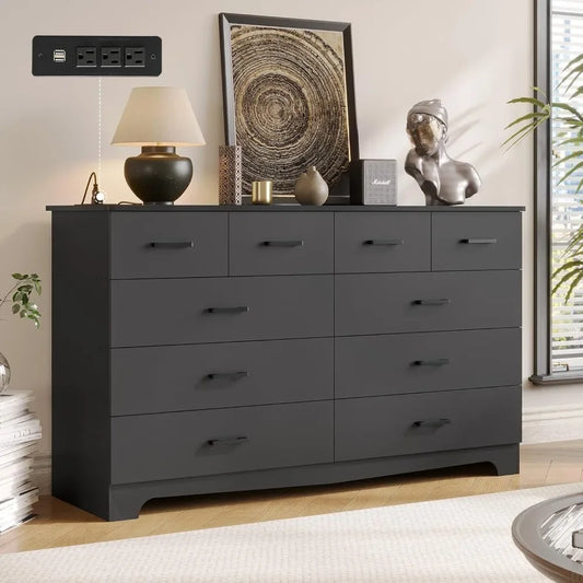 Black Dresser for Bedroom with 10 Drawers, Large Chest of Drawers Storage Organizer, Long Dresser TV Stand with Power Outlets