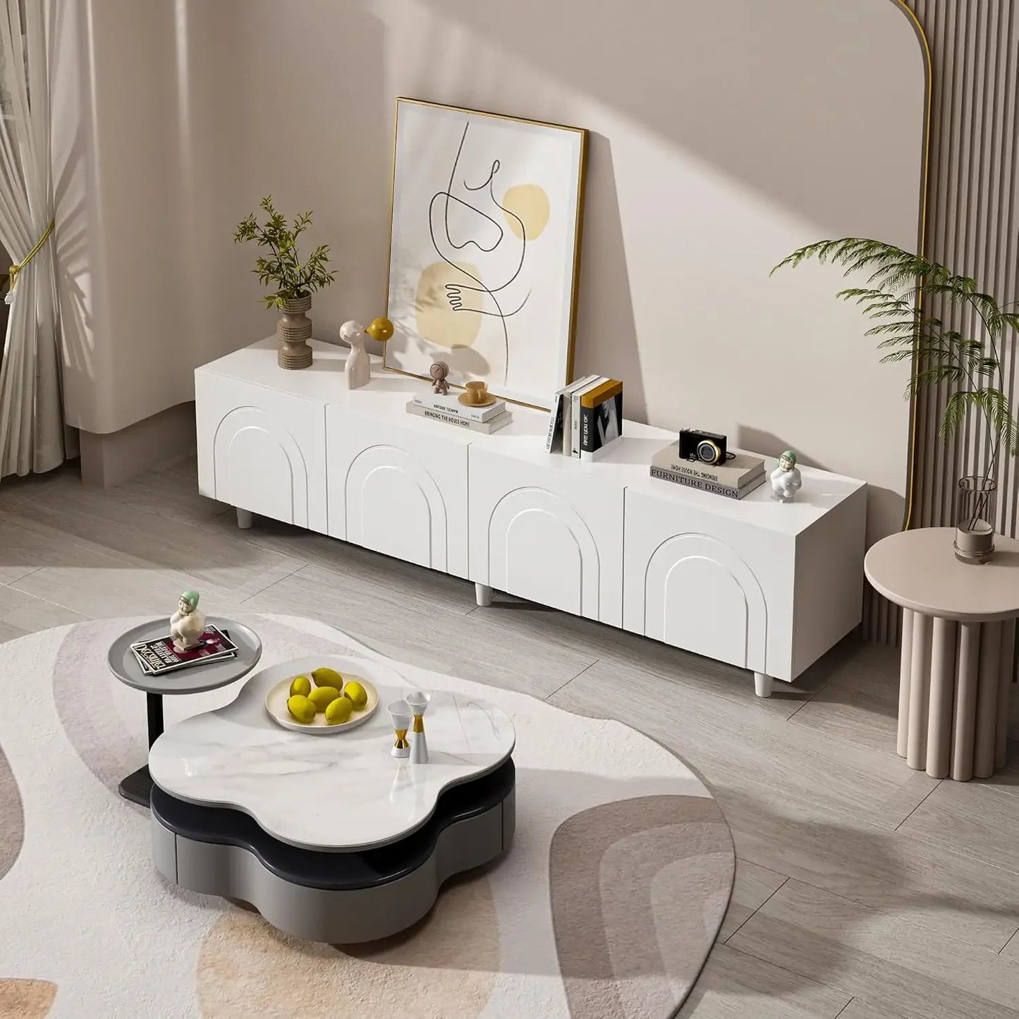 95.1" W TV Stand with 4 Flip-Down Drawers, Modern Entertainment Center with Storage, Media Console Table TV Cabinet