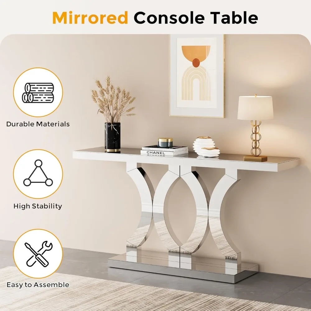 55 Inches Mirrored Console Table,  Entryway Table with Geometric Base,  Modern Sofa Table Behind Couch for Living Room