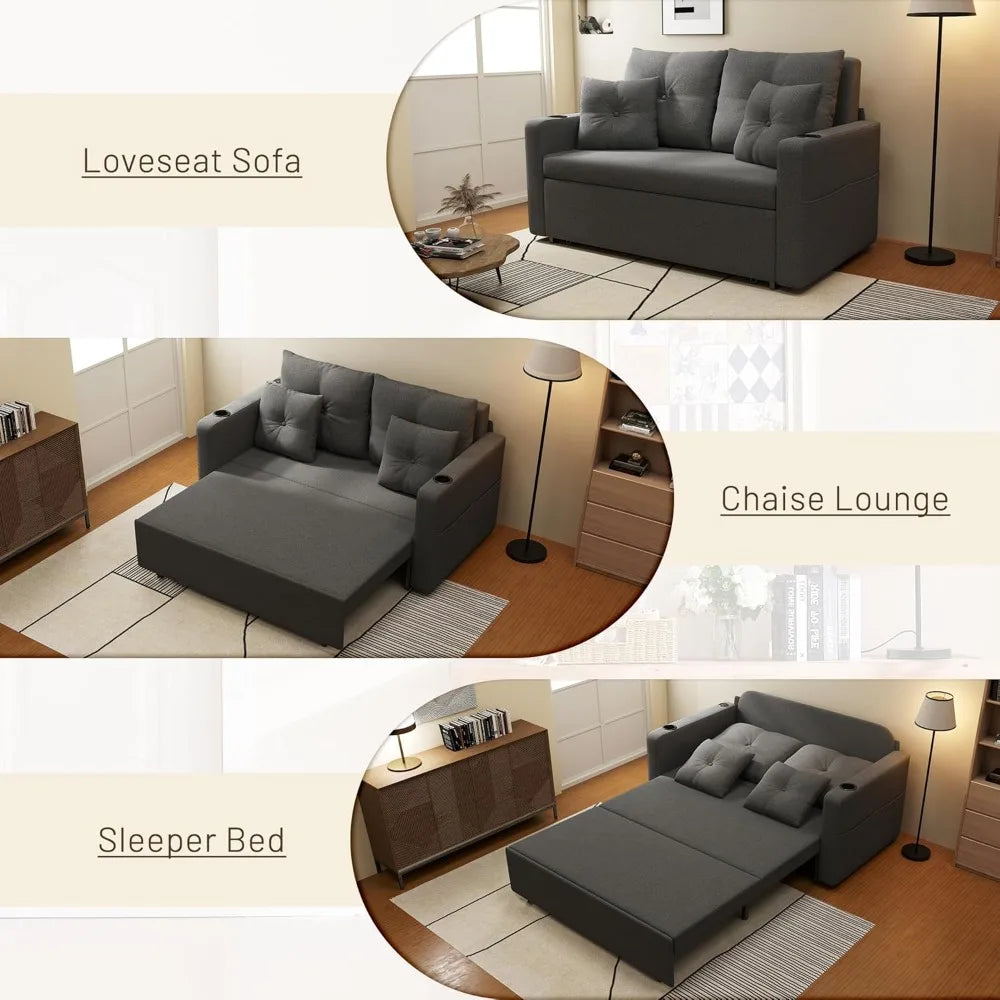 3 in 1 Sofa Bed, 56 Inch Convertible Pull Out Couch, Loveseat Sleeper Sofa with Cup Holders, USB, Sofa Couches for Living Room