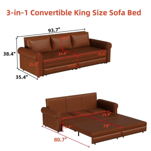 93.7 "king size pull-out sofa bed, three in one faux leather convertible sleeper sofa with nail head decoration and rolled arms