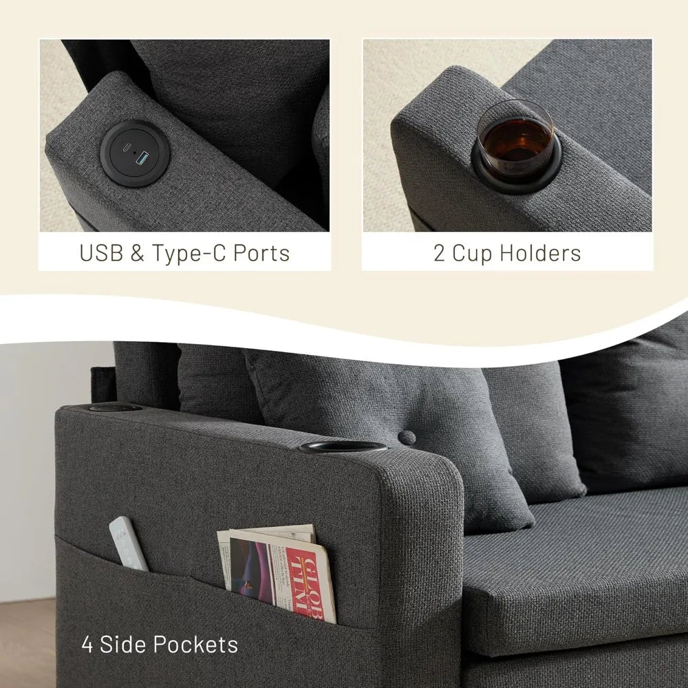 3 in 1 Sofa Bed, 56 Inch Convertible Pull Out Couch, Loveseat Sleeper Sofa with Cup Holders, USB, Sofa Couches for Living Room