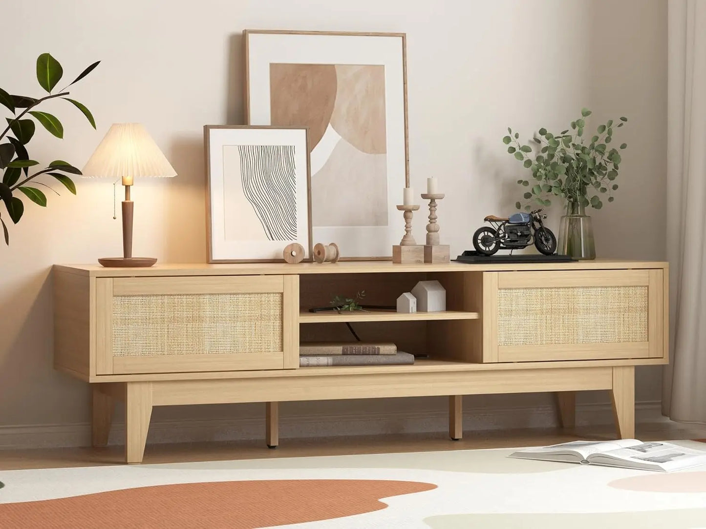 Boho TV Stand for 55 65 Inch TV, Rattan Entertainment Center with Shelves, Cabinets and Sliding Doors, TV Media Console Table