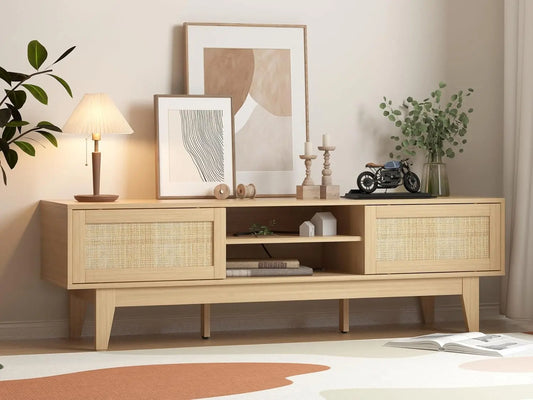 Boho TV Stand for 55 65 Inch TV, Rattan Entertainment Center with Shelves, Cabinets and Sliding Doors, TV Media Console Table