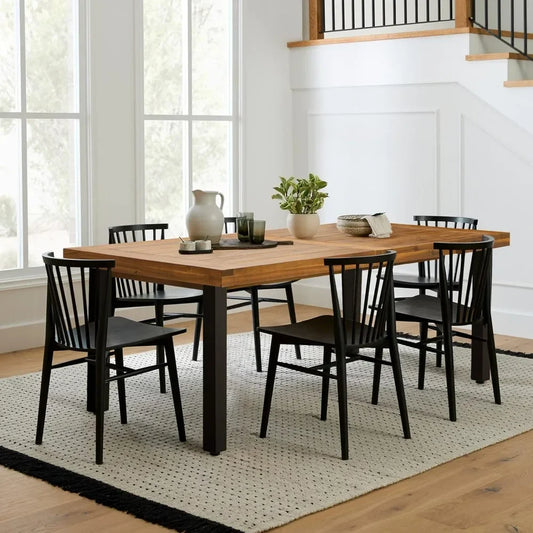 Dining Table for 6 Acacia Wood Indoor Outdoor Home Kitchen Table with Iron Legs Large Rectangular Patio Table for