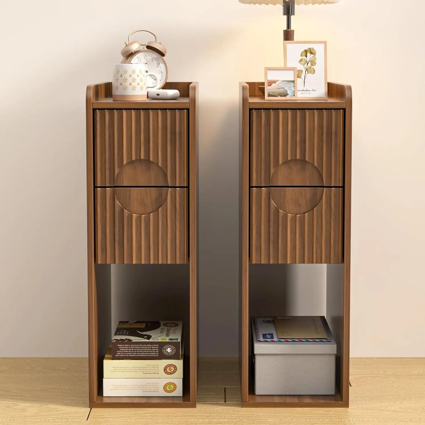 Small Fluted Nightstand Set of 2, Wood 2 Drawer , Slim Side Table, Natural Wood Night Stand with Drawers for Bedroom