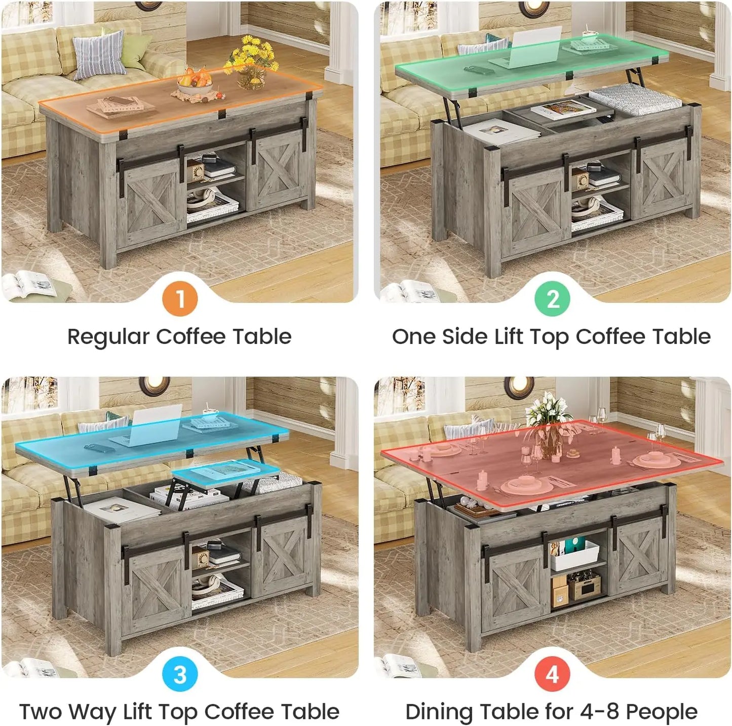Lift Top Coffee Table, 4 in 1 Multi-Function Convertible Coffee Tables with Storage and Hidden Compartment, Farmhouse Coffee