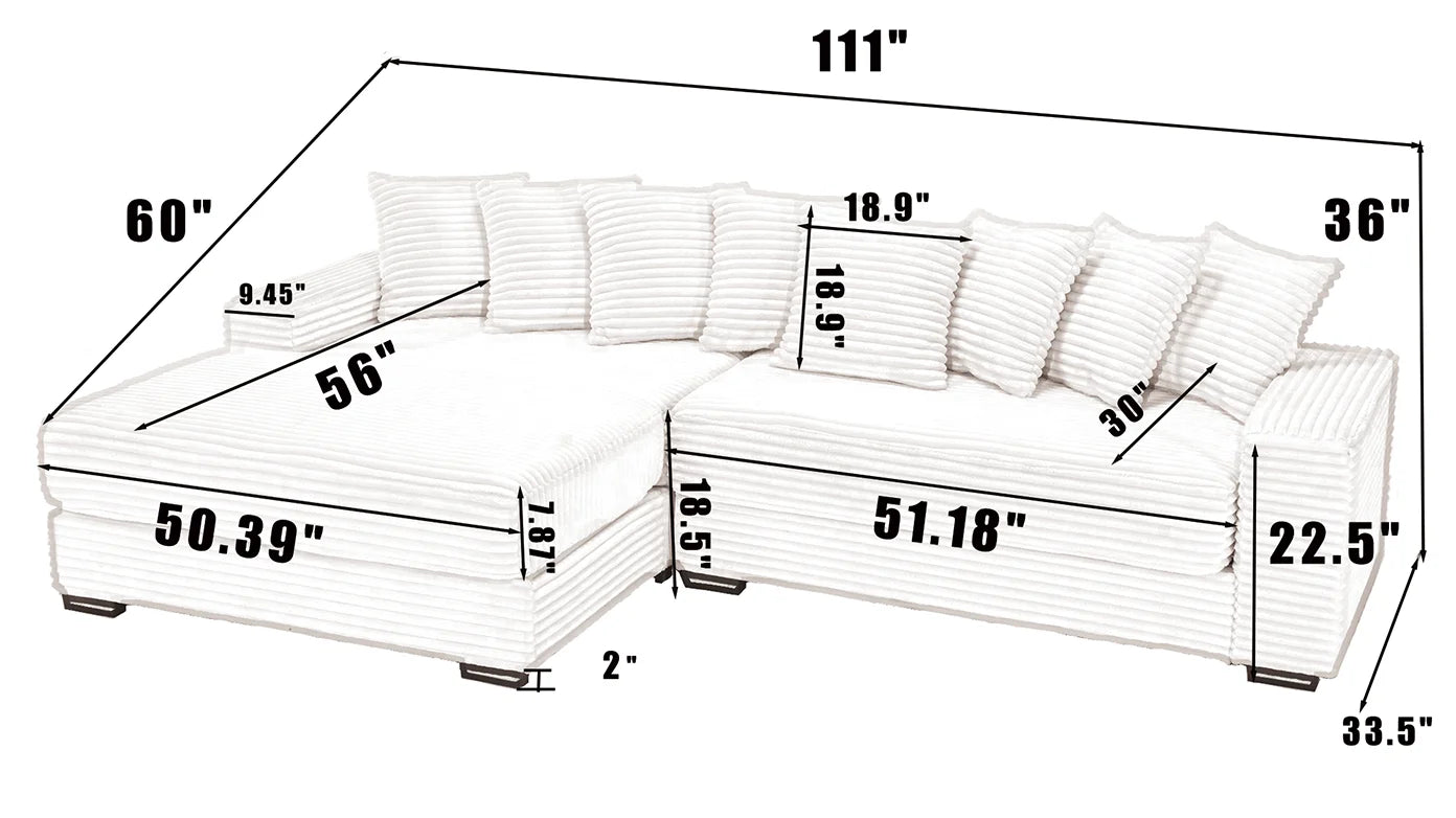 Oversized Two-Piece  Couches,  L Shaped Sofa, Corduroy, Left Chaise Daybed,with Armrests,Eight Throw Pillows,Corner Sofa