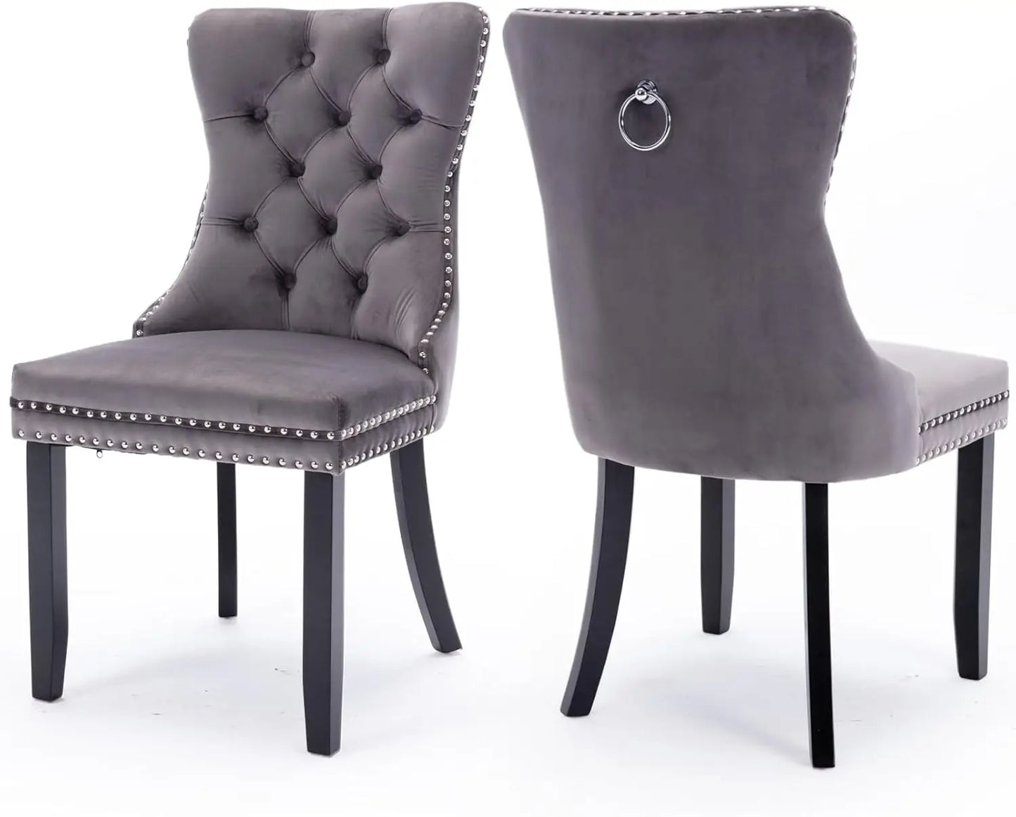 Velvet Upholstered Dining Chairs Set of 6, Nailhead Trim and Gold Plated Leg, Metal Pulling Ring, Modern Style Kitchen Chairs