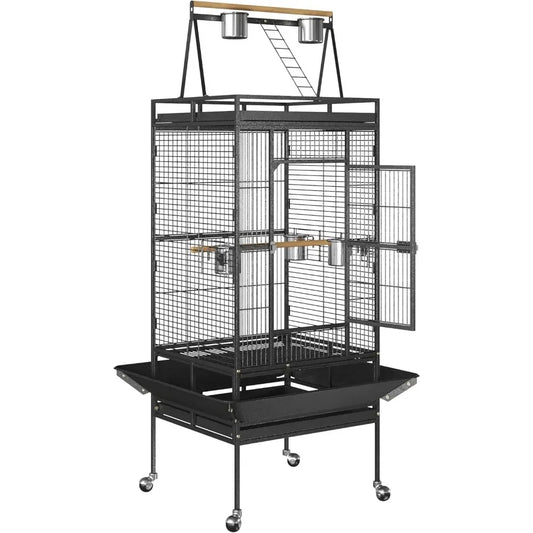 Playtop Parrot Cage, Wrought Iron Bird Cage with Rolling Stand, Heavy-Duty Pet Bird House
