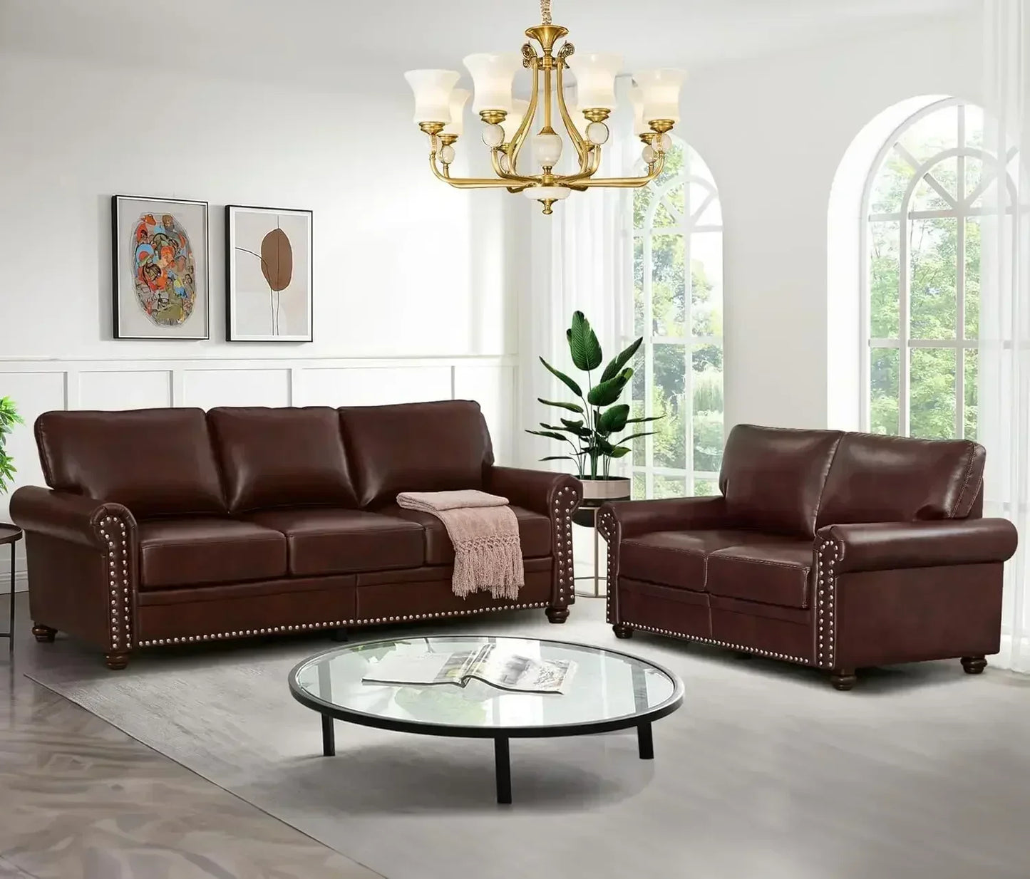 Upholstered PU Leather Sofa Couch Set,  Modern Loveseat Sofa+3 Seater Couch with Storage Space Furniture Set Living Room Sofas
