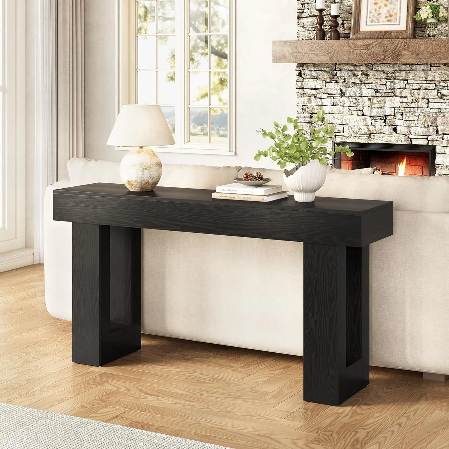 63-Inch Long Console Tables for Entryway, Large Sofa Table Behind Couch, Wooden Entry Foyer Hallway Table, Black