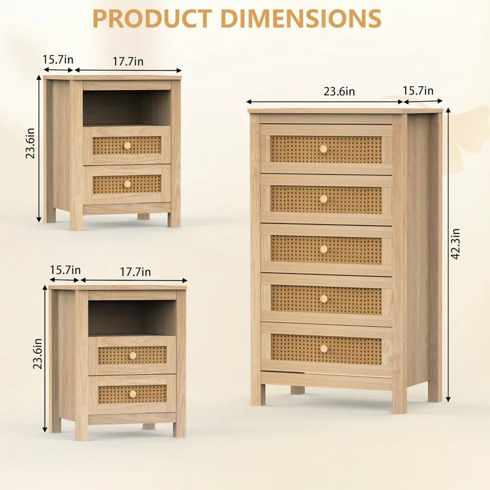 Bedroom 5 Drawer Dresser and Nightstand Sets 3 Piece, Rattan 2 Drawer Nightstand of 2 & Boho 5 Drawer Storage Dresser, 3 Pcs Be