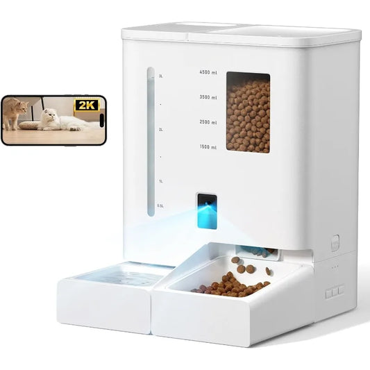 Cat Feeder with Camera,5G/2.4G WiFi Pet Feeder,2K HD Video and Night Vision,Easy APP Operation,Low Food and Food Clogg