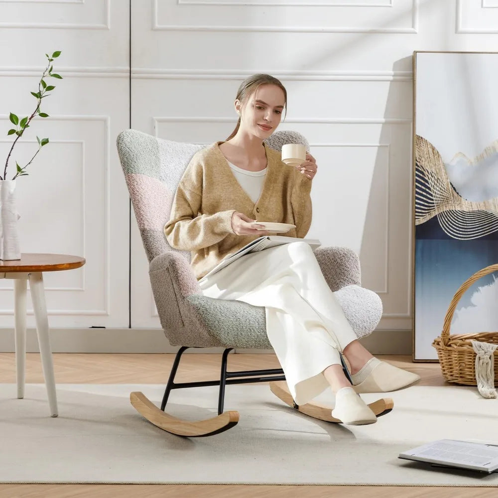 Nursery Rocking Chair Teddy Upholstered Glider Rocker Rocking Accent Chair with High Backrest Armchair Comfy Side Chair