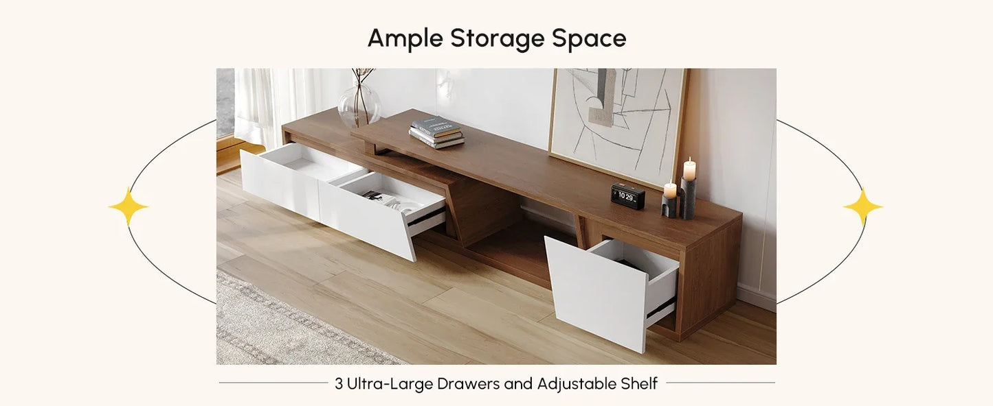 Extendable TV Stand with Stroage Minimalist Rectangle Entertainment Center White (Extendable: 70.9”W-110.2”W)