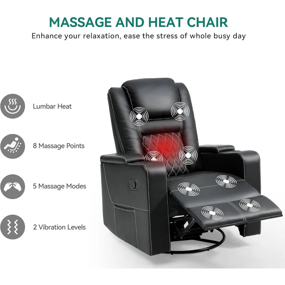 Swivel Rocking Recliner with Massage and Heat, Hidden Arm Storage, Faux Leather Rocker Recliner Chairs, Manual Recliner