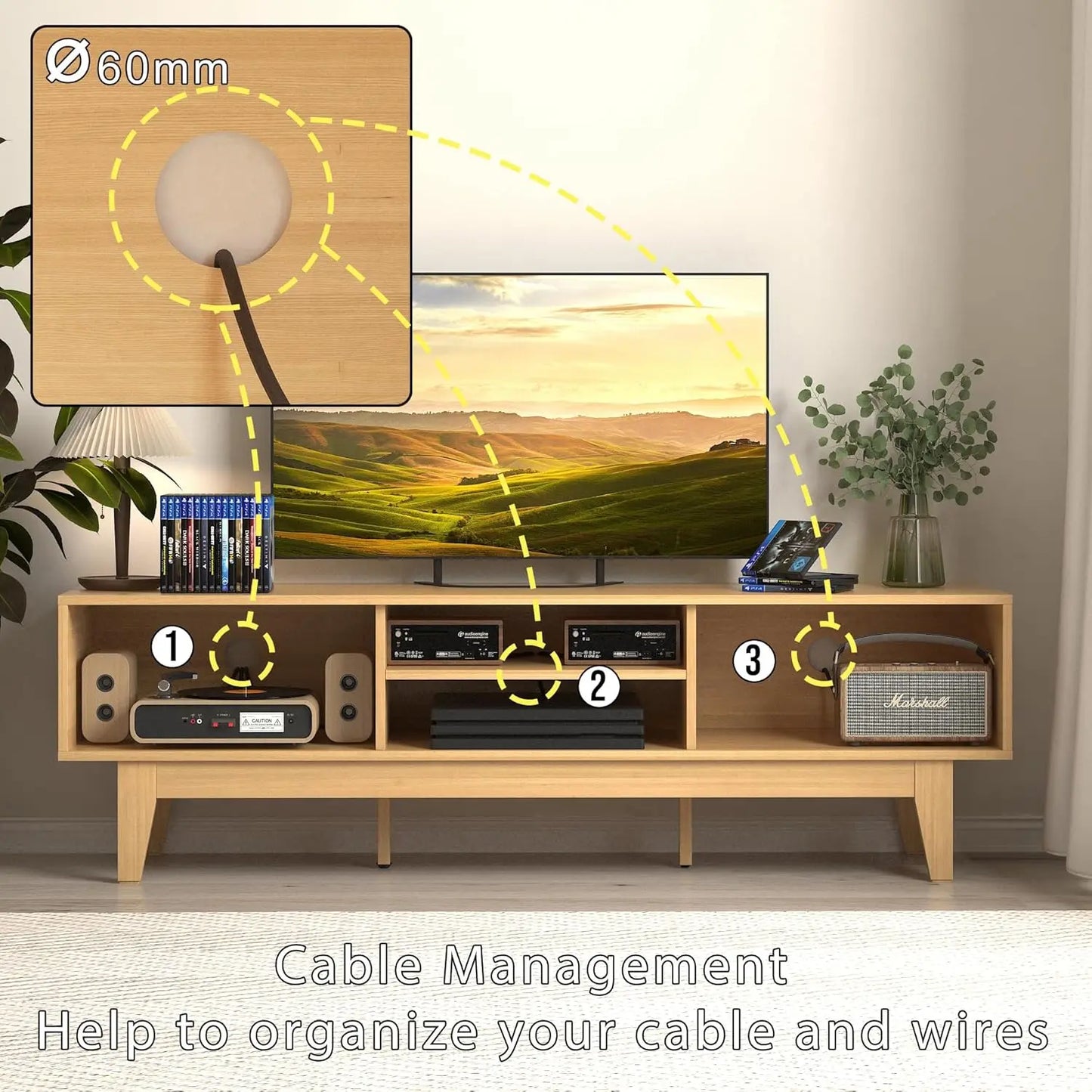 Boho TV Stand for 55 65 Inch TV, Rattan Entertainment Center with Shelves, Cabinets and Sliding Doors, TV Media Console Table