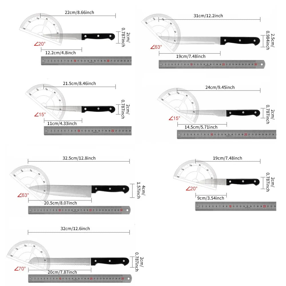 Full 15pcs Chef Knife Set Stainless Steel Kitchen Knives Sets with Scissors,Sharpening Rod,Solid Wood Knife Seat Cooking Tool