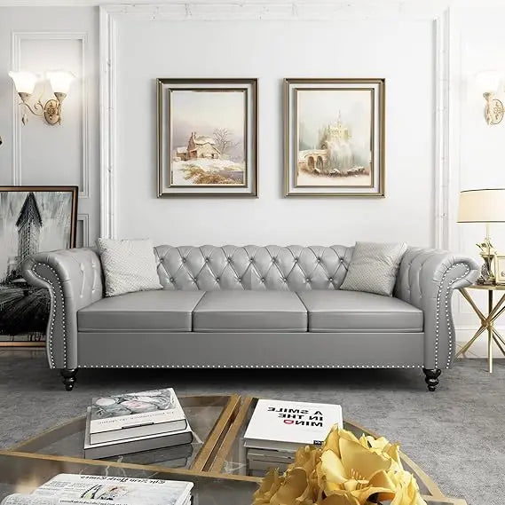 Chesterfield Sofa Velvet, Modern Tufted Couch 3 Seater with Rolled Arms and Nailhead for Living Room, Bedroom, Office, Apartment