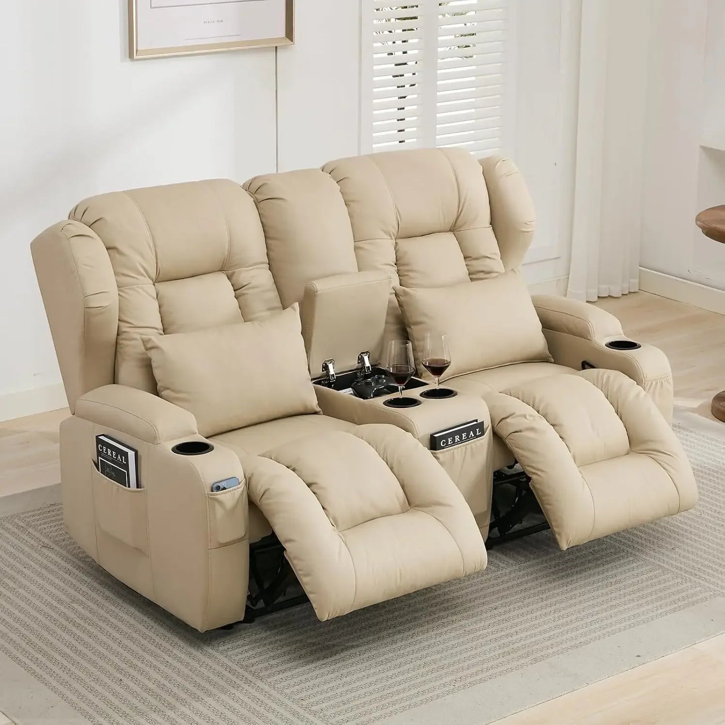 65.5" RV Loveseat Recliner Double Recliner RV Sofa & Console | RV Couch | RV Furniture, Home Theater Seating… (Beige)