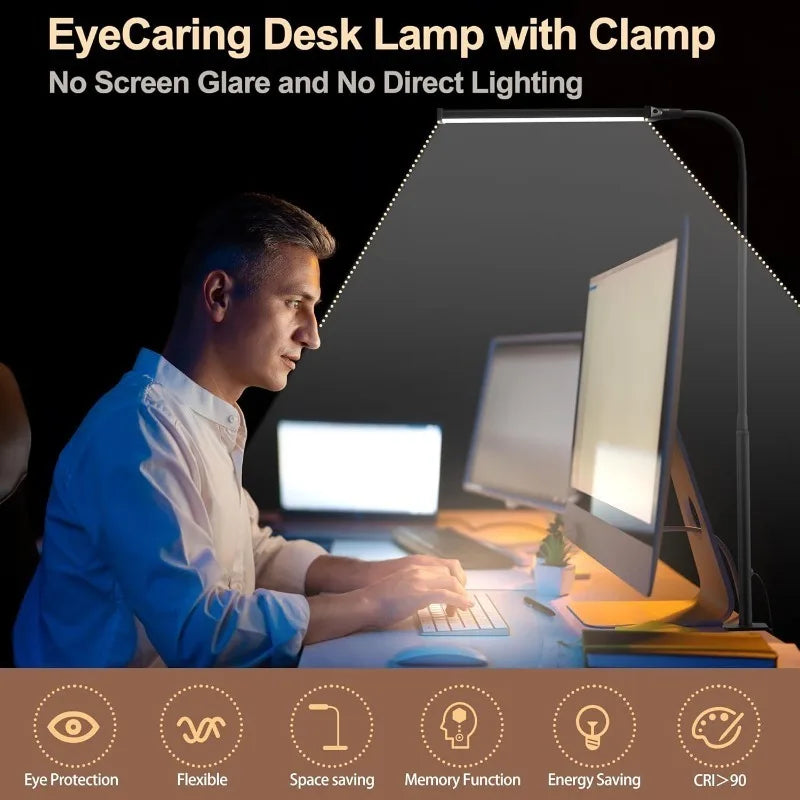 Led Desk Lamp for Home Office, Eye-Caring Desk Light with Clamp, Clip on Light for Reading, 3 Modes 10 Brightness, Flexible Goos