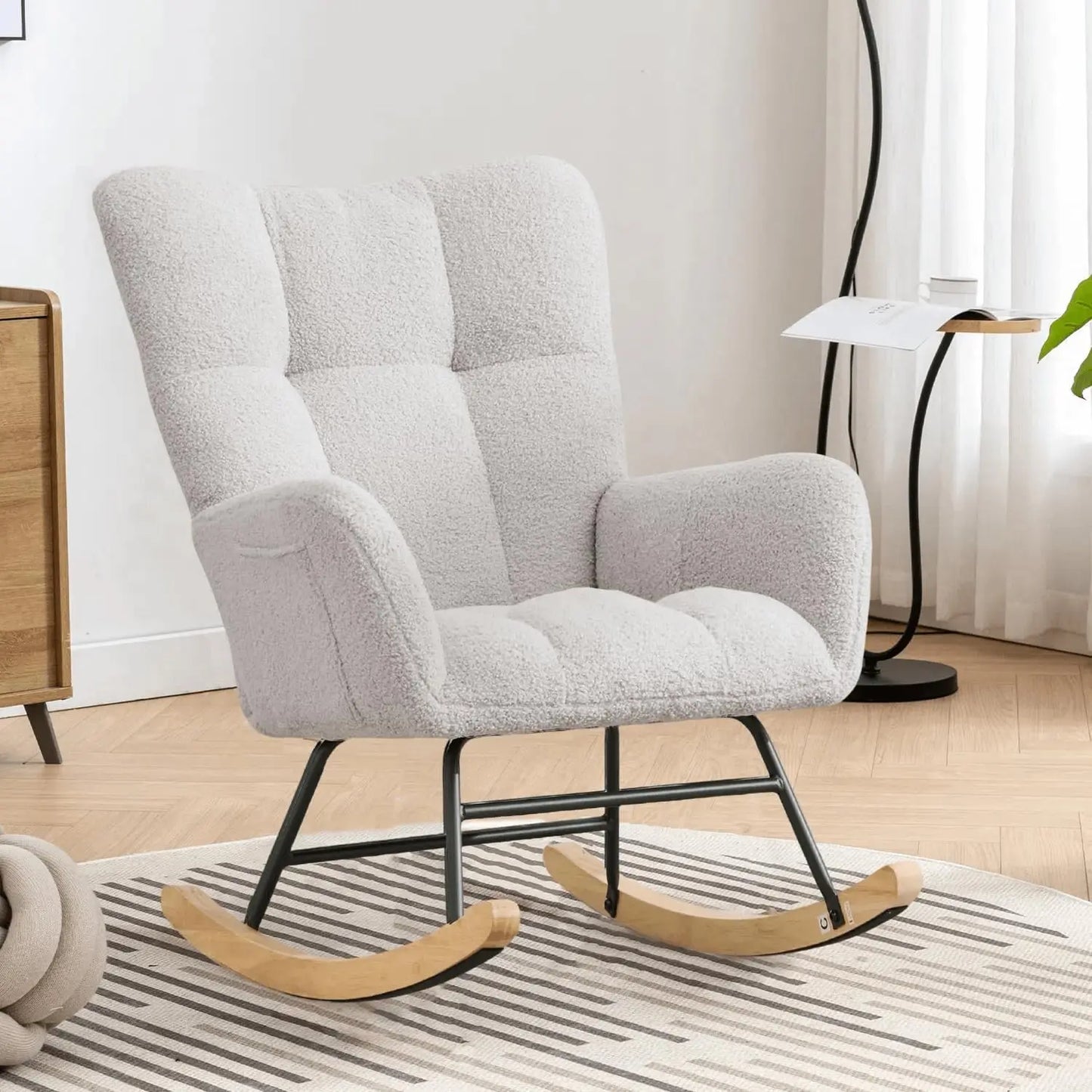 Nursery Rocking Chair Teddy Upholstered Glider Rocker Rocking Accent Chair with High Backrest Armchair Comfy Side Chair