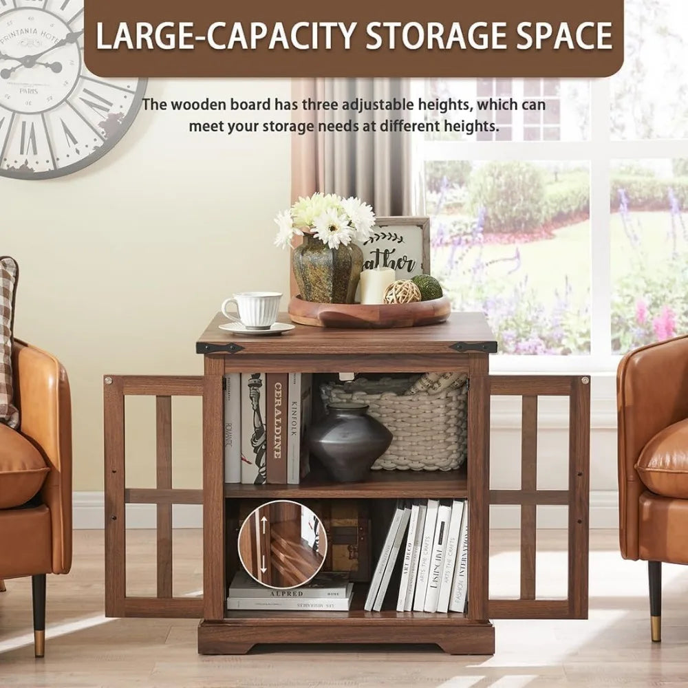 Farmhouse End Table with Charging Station,24" Large Sofa Side Table with Glass Barn Door, Rustic Wood Nightstand Bedside Table