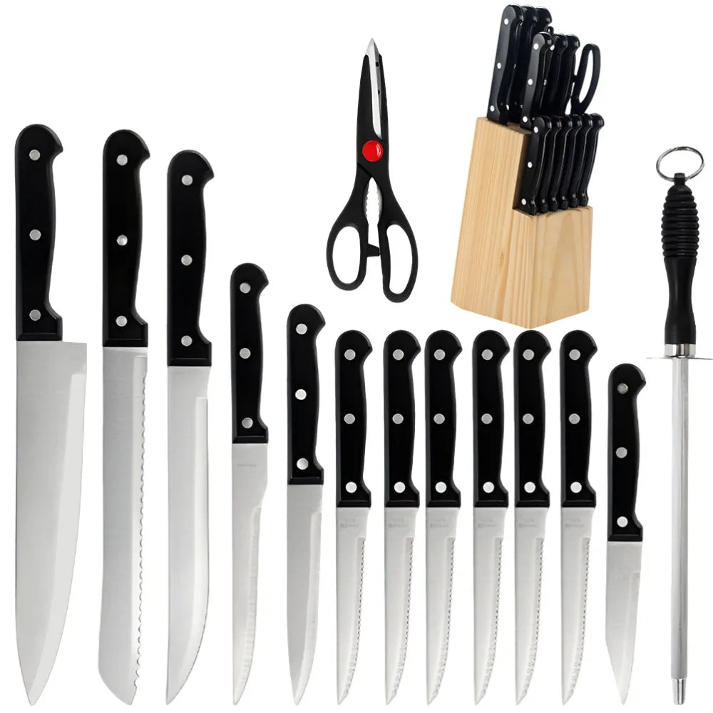 Full 15pcs Chef Knife Set Stainless Steel Kitchen Knives Sets with Scissors,Sharpening Rod,Solid Wood Knife Seat Cooking Tool