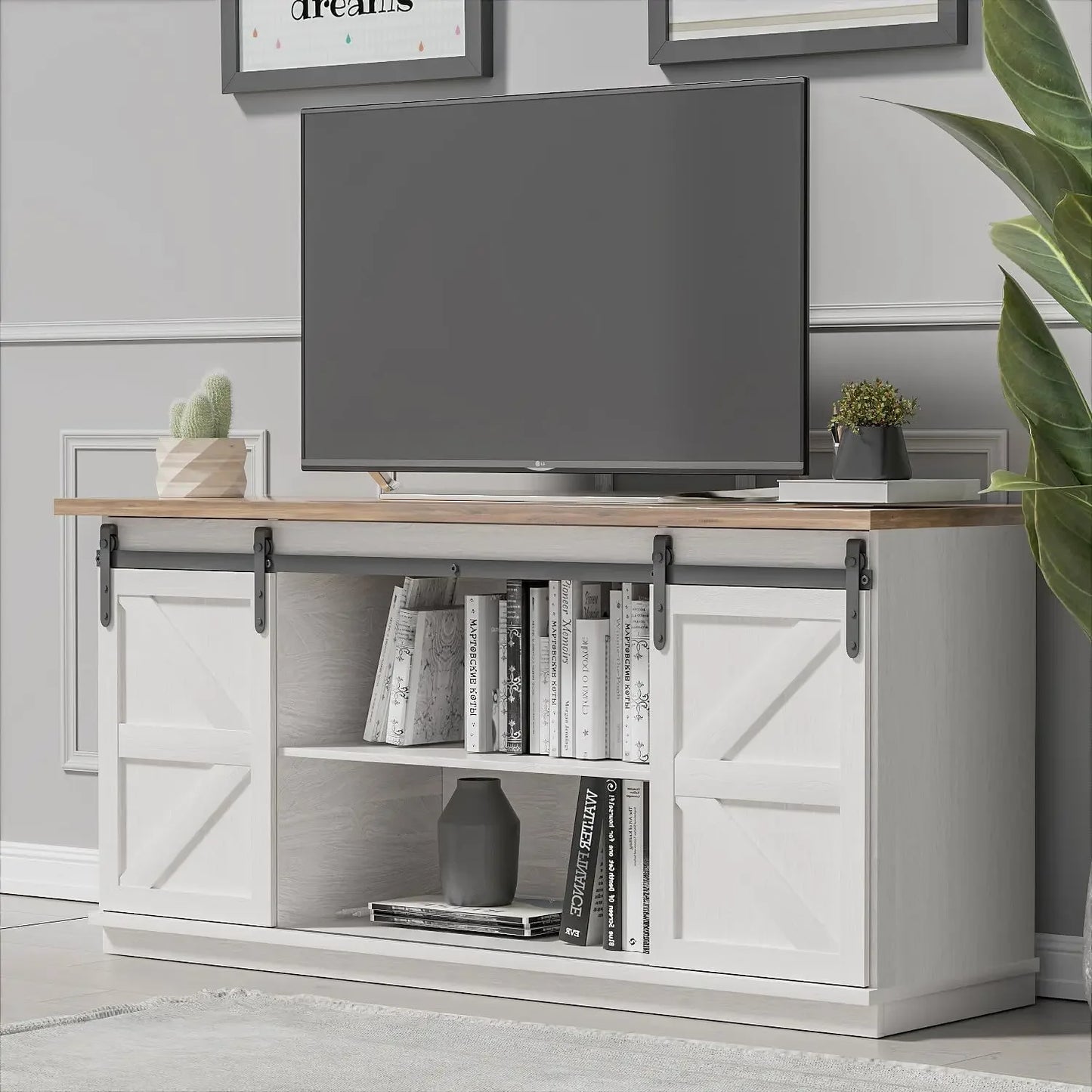 YESHOMY Farmhouse TV Stand and Entertainment Center for Televisions up to 65 Inchs, with Sliding Barn Doors and Storage Cabinets