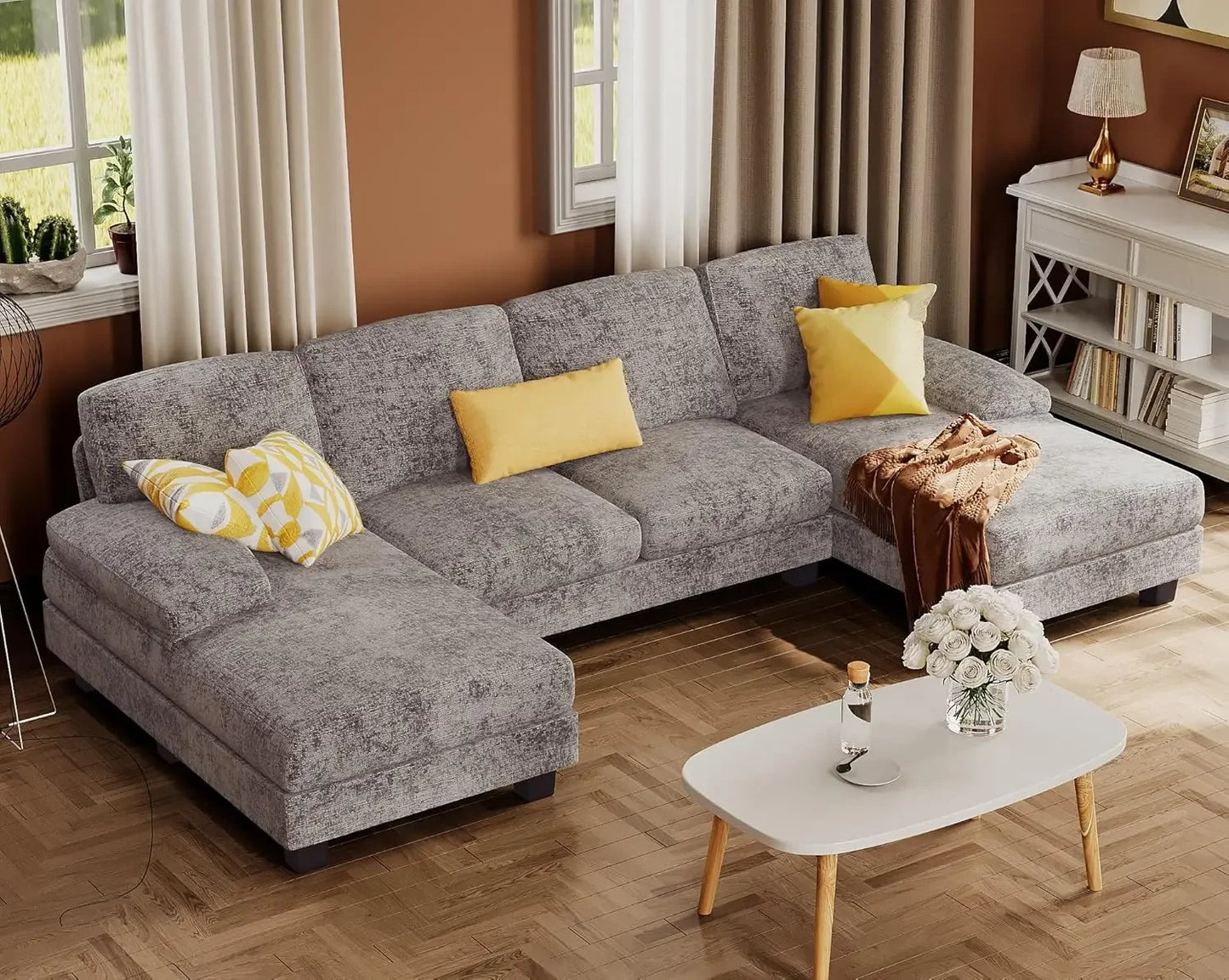 Sectional Couches for Living Room, U-Shaped Sofa Couch with Linen Fabric, 4 Seat Sofa Set with Double Chaise for Apartment Grey