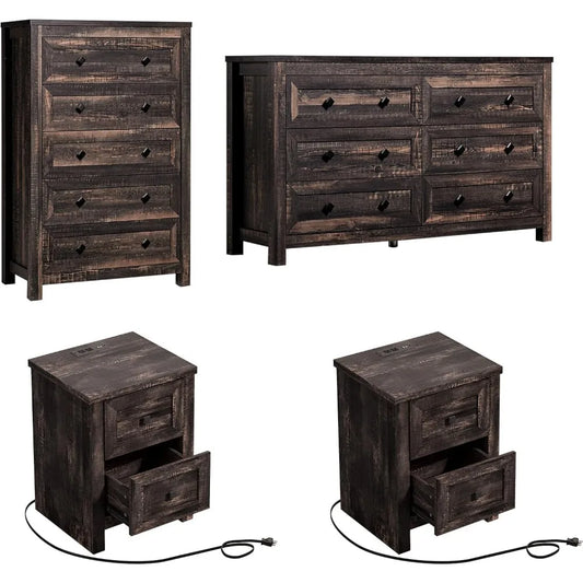 Farmhouse Bedroom Furniture 4 Pieces, 1 X Wood Rustic 6 Drawer Storage Dresser, 1 X 5 Drawer Dresser, Nightstand Set of 2 with C