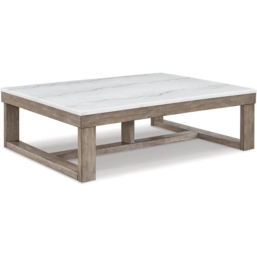 Casual Cocktail Table with Natural Marble Top, White & Light Gray