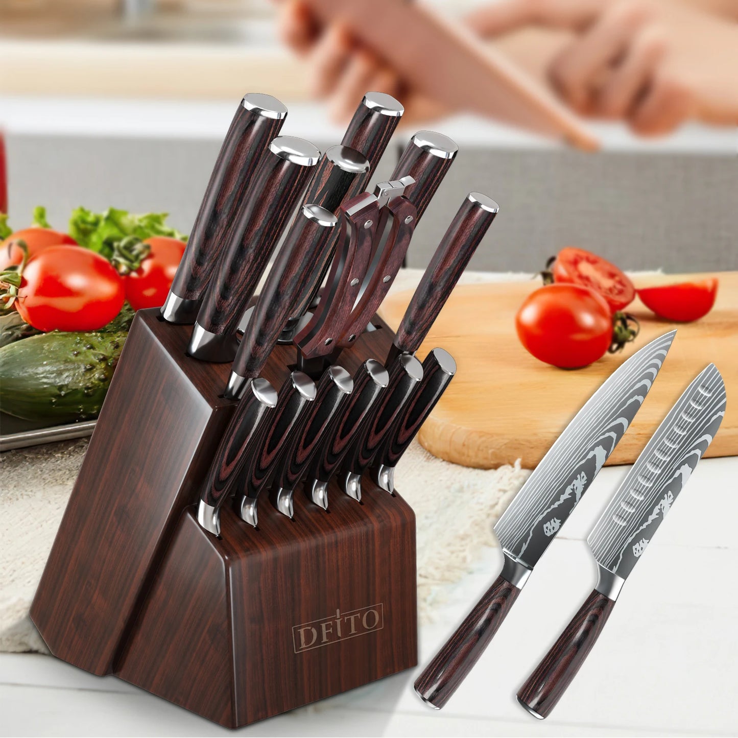 Knife Sets for Kitchen 14 Pieces with Knife Holder High Carbon Stainless Steel Damascus Pattern Sharp Chef Knife Set