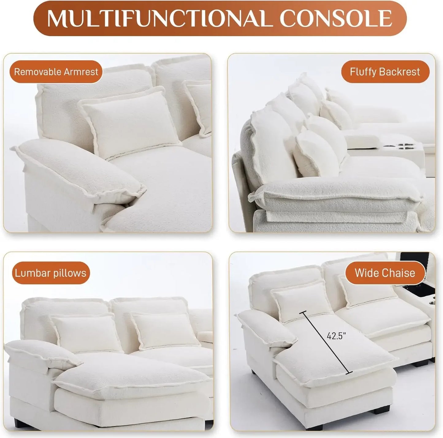 U Shape Sectional Sofa Cloud Couch,124" Chenille Comfy Couches for Living Room, Modern Upholstered Large Modular Sofa