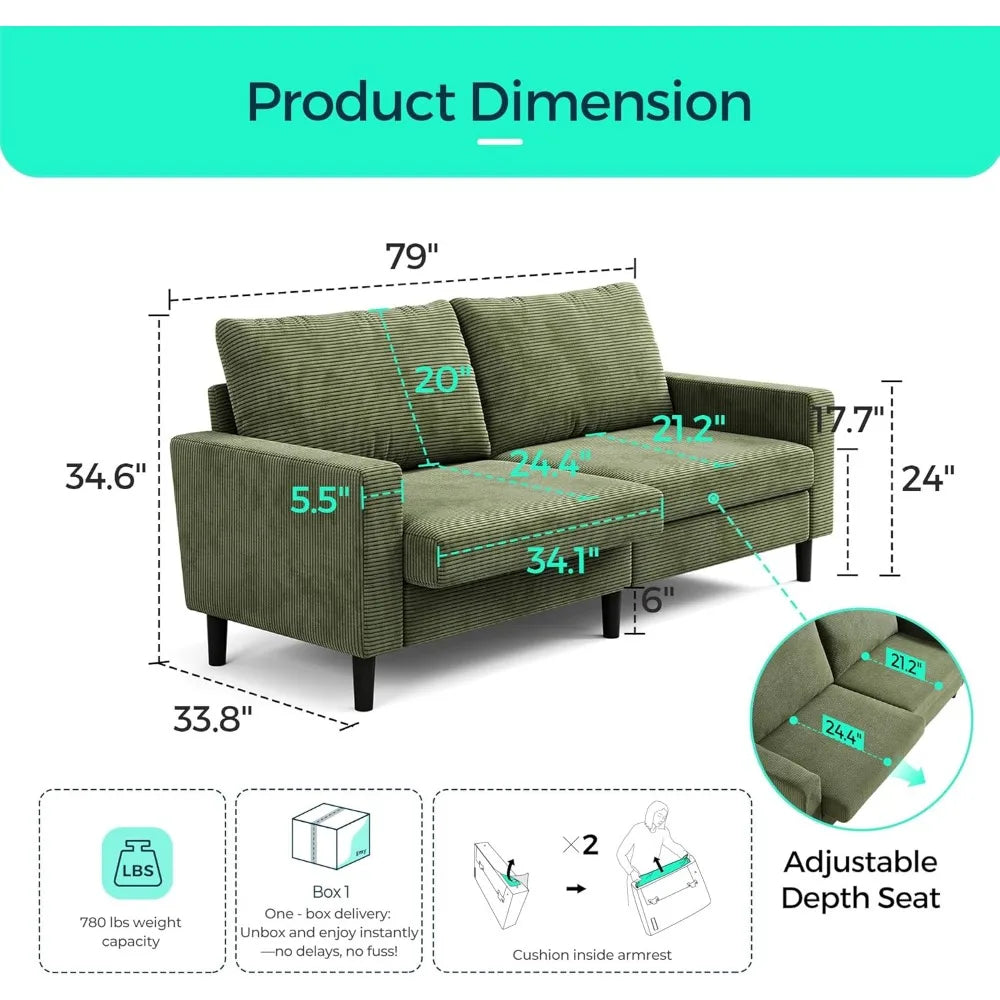 79'' Loveseat Sofa: Comfy Corduroy Love Seat Couch with Adjustable Deep Seat Modern Green Loveseat Couches for Living Room Offi