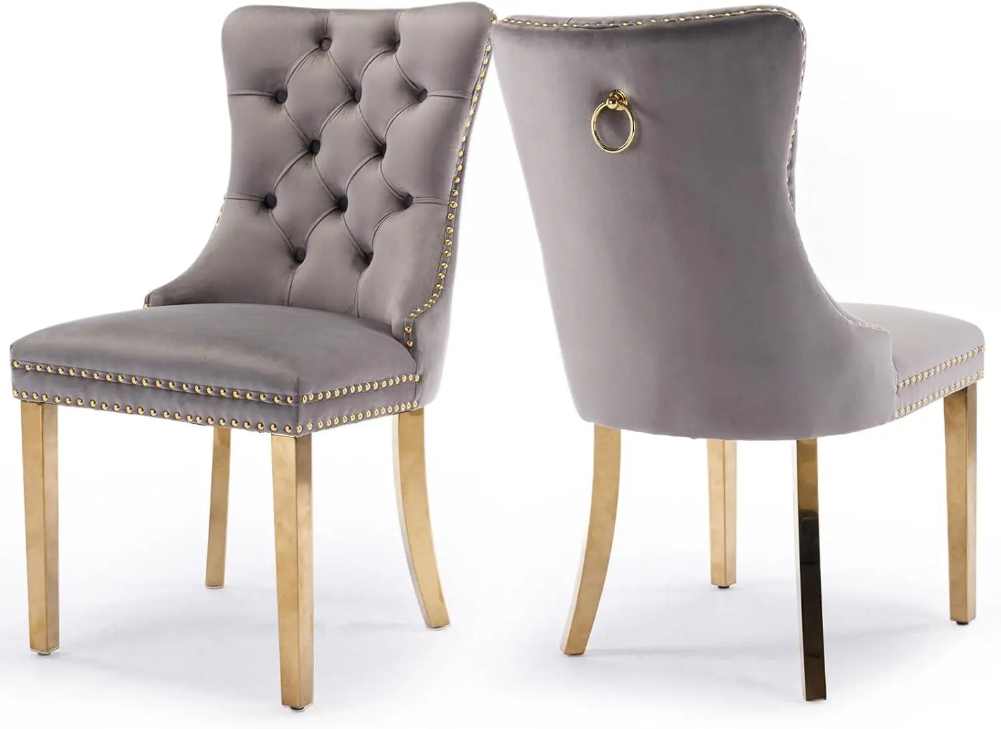 Velvet Upholstered Dining Chairs Set of 6, Nailhead Trim and Gold Plated Leg, Metal Pulling Ring, Modern Style Kitchen Chairs