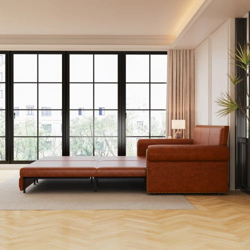 93.7 "king size pull-out sofa bed, three in one faux leather convertible sleeper sofa with nail head decoration and rolled arms