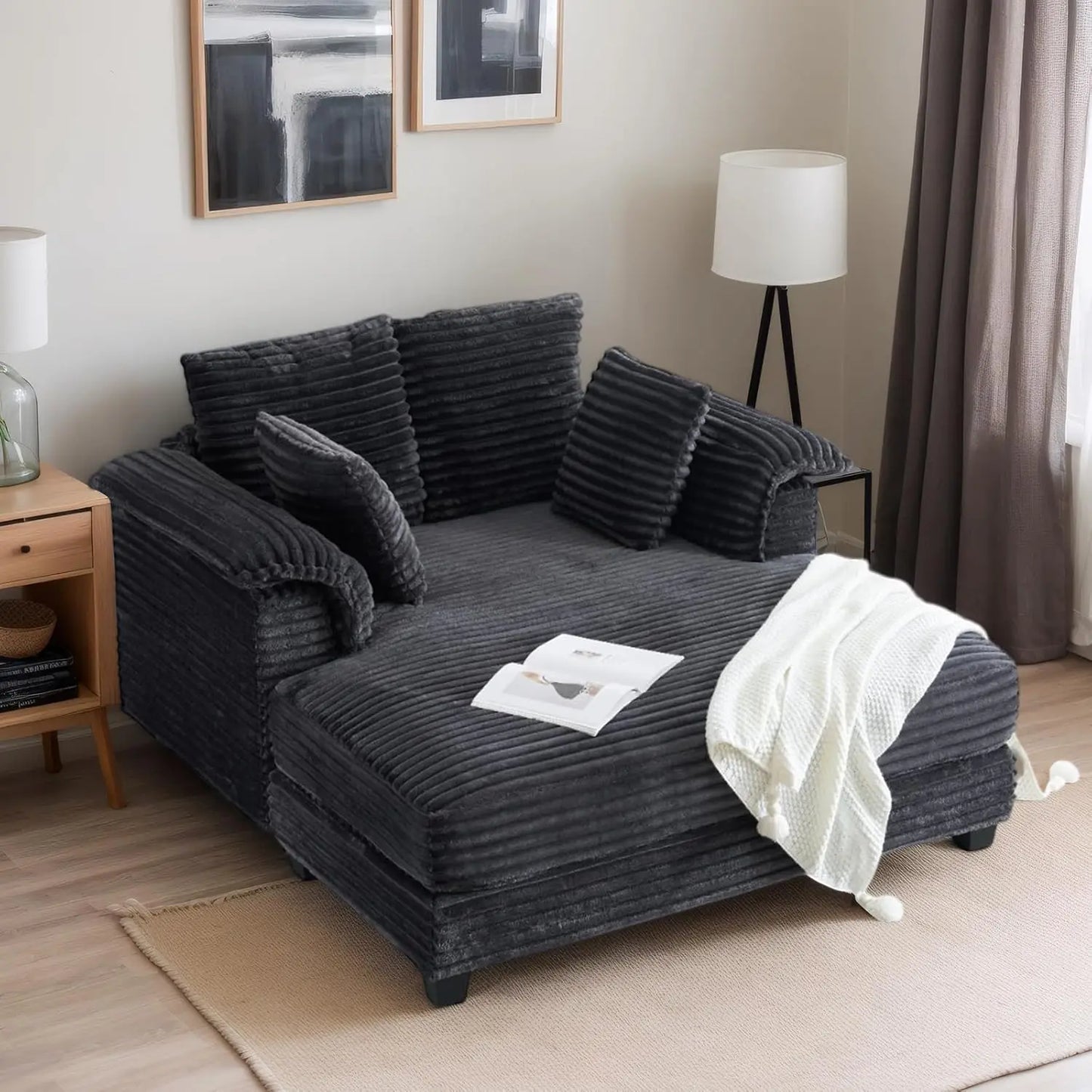 Living Room Chair,  56" Oversized Chaise Lounge Chair, Beige Comfy Corduroy Chaise Sofa Recliner Bed Upholstered Sleeper Couch