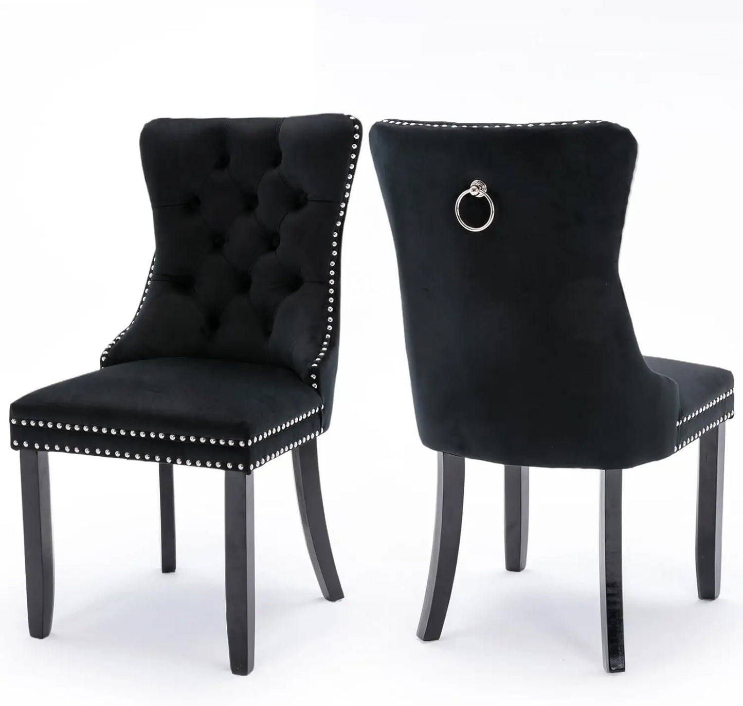 Velvet Upholstered Dining Chairs Set of 6, Nailhead Trim and Gold Plated Leg, Metal Pulling Ring, Modern Style Kitchen Chairs