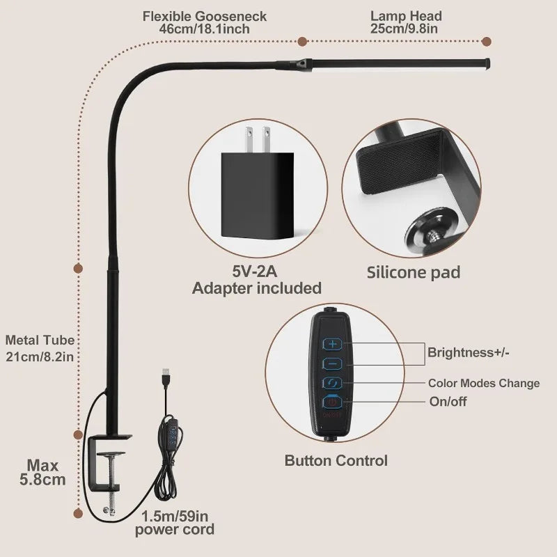 Led Desk Lamp for Home Office, Eye-Caring Desk Light with Clamp, Clip on Light for Reading, 3 Modes 10 Brightness, Flexible Goos