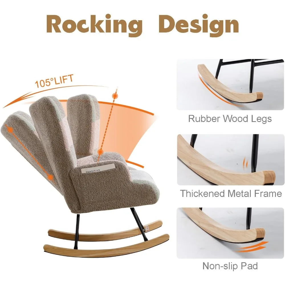 Nursery Rocking Chair Teddy Upholstered Glider Rocker Rocking Accent Chair with High Backrest Armchair Comfy Side Chair