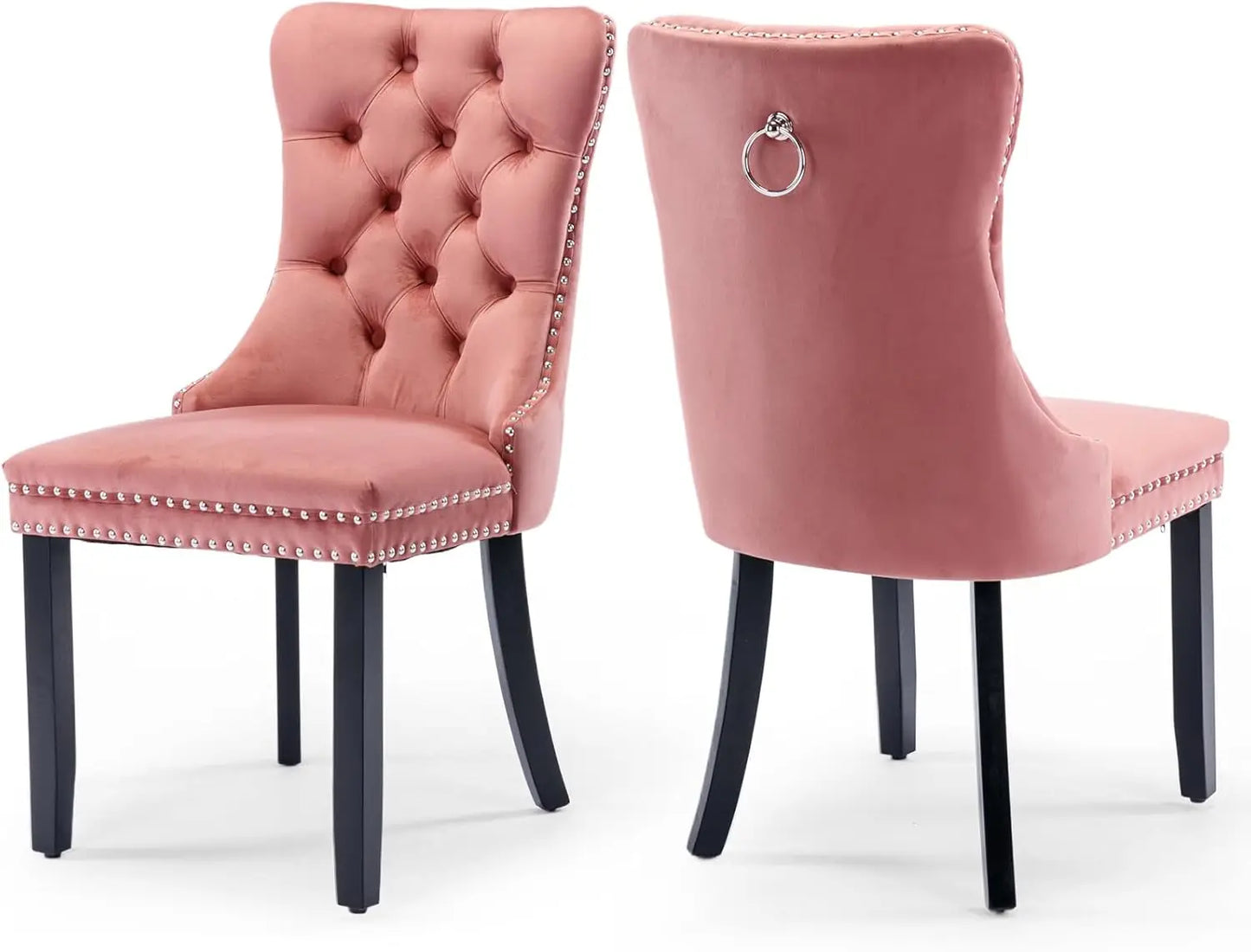 Velvet Upholstered Dining Chairs Set of 6, Nailhead Trim and Gold Plated Leg, Metal Pulling Ring, Modern Style Kitchen Chairs