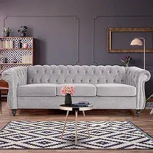 Chesterfield Sofa Velvet, Modern Tufted Couch 3 Seater with Rolled Arms and Nailhead for Living Room, Bedroom, Office, Apartment