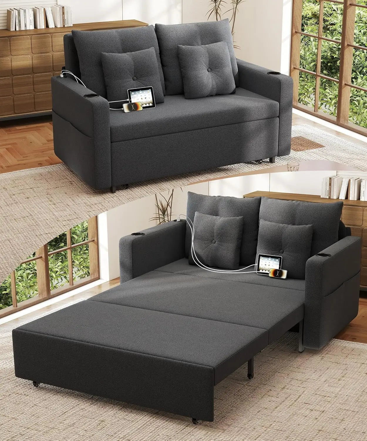 3 in 1 Sofa Bed, 56 Inch Convertible Pull Out Couch, Loveseat Sleeper Sofa with Cup Holders, USB, Sofa Couches for Living Room